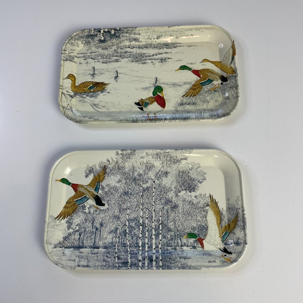 Vintage MASSILY Stamped Metal Outdoor Duck Pond Wood Scene Snack Trays Set of 2
